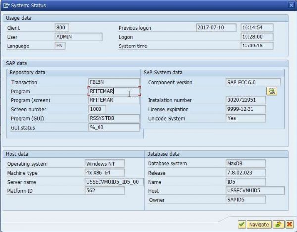 status screen to test SAP standard report